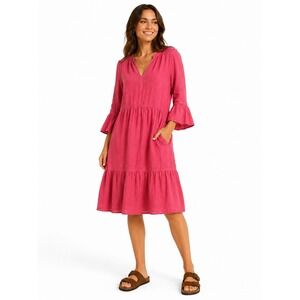 Velvet Graham & Spencer 100% Linen Midi Dress Women L Pink Tiered Coastal Boho